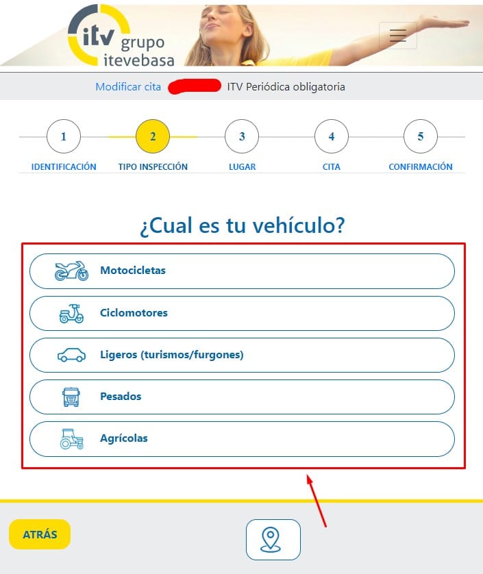 Confirma el tipo de vehículo