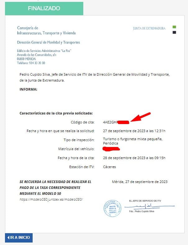 Confirma y guarda el código de cita